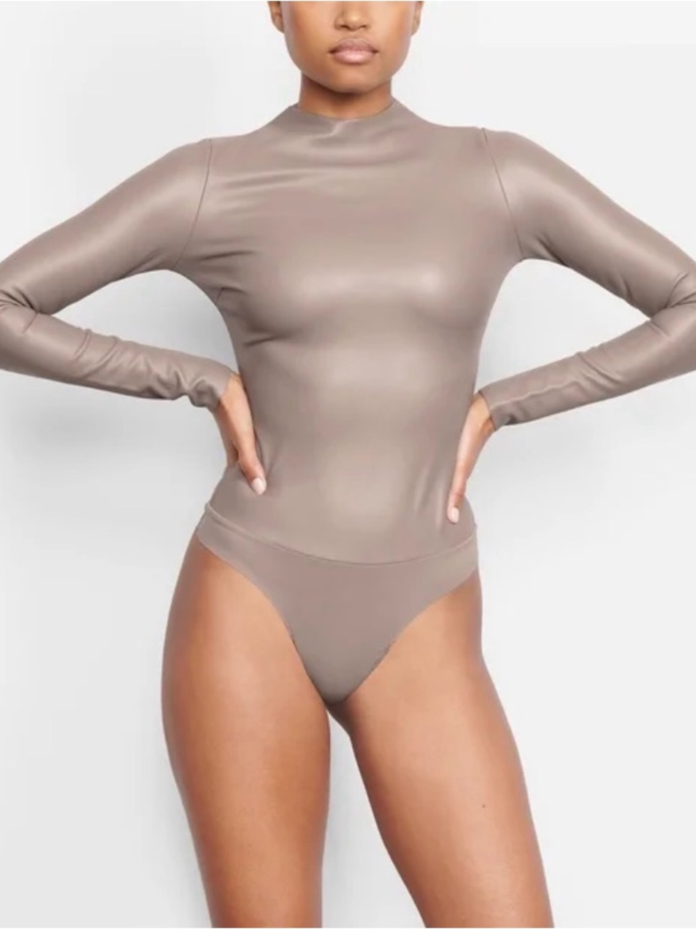SKIMS Faux Leather Long-Sleeve Cement Women’s Thong Bodysuit